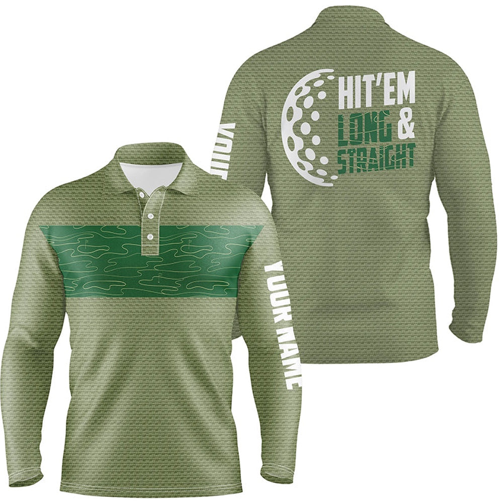 Golf Polo shirts, Hit 'Em Long & Straight Golf Course Pattern Polo Shirts Custom Green Golf Shirts For Men