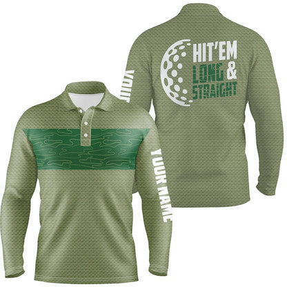 Golf Polo shirts, Hit 'Em Long & Straight Golf Course Pattern Polo Shirts Custom Green Golf Shirts For Men