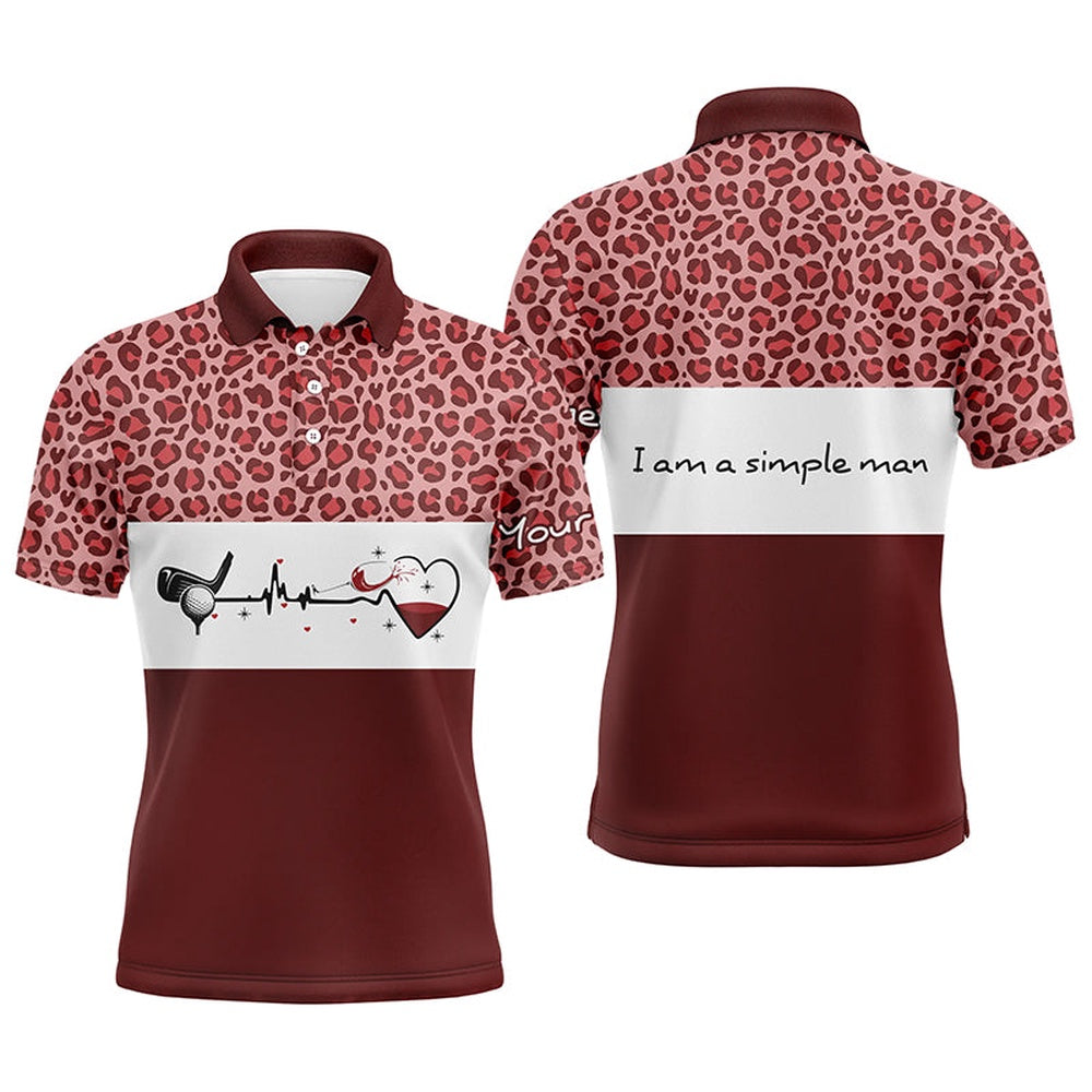 Golf Polo shirts, I Am A Simple Man Golf Mens Polo Shirt, Red Leopard Golf Shirts For Men, Gifts For Wine Lovers