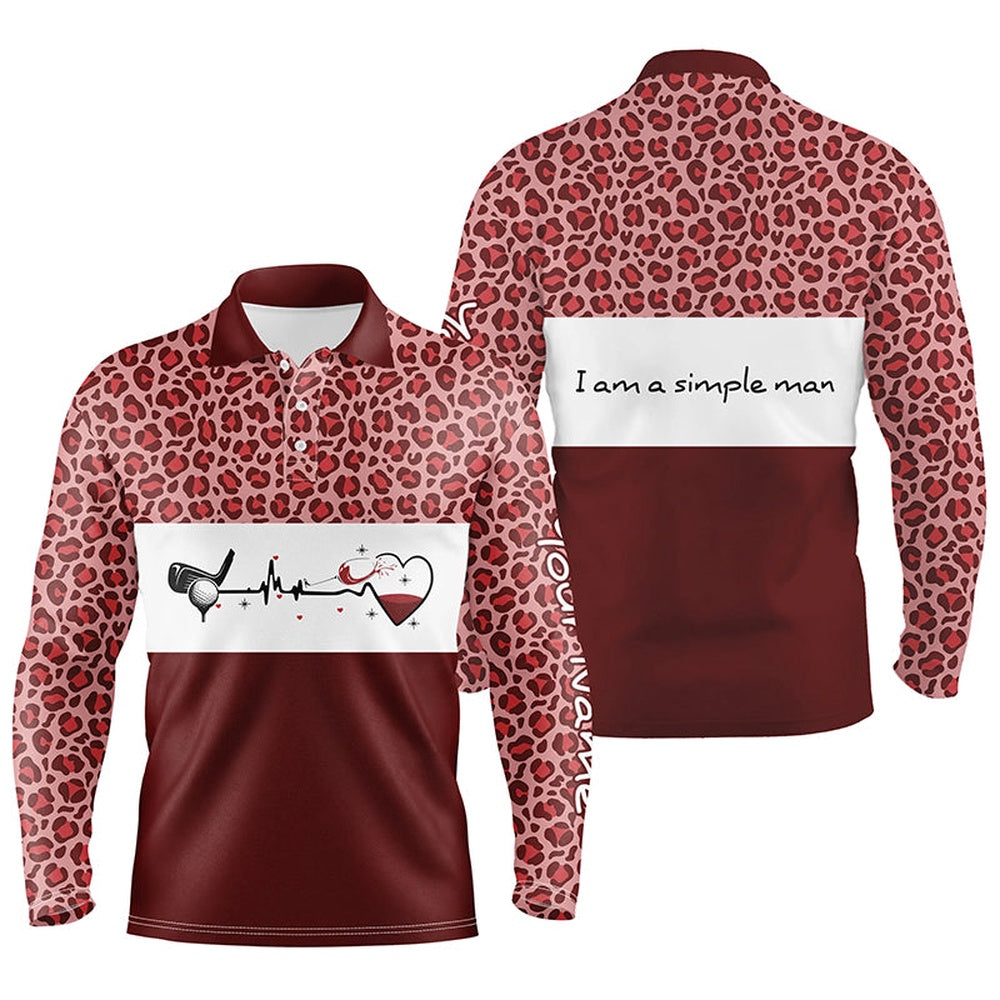 Golf Polo shirts, I Am A Simple Man Golf Mens Polo Shirt, Red Leopard Golf Shirts For Men, Gifts For Wine Lovers