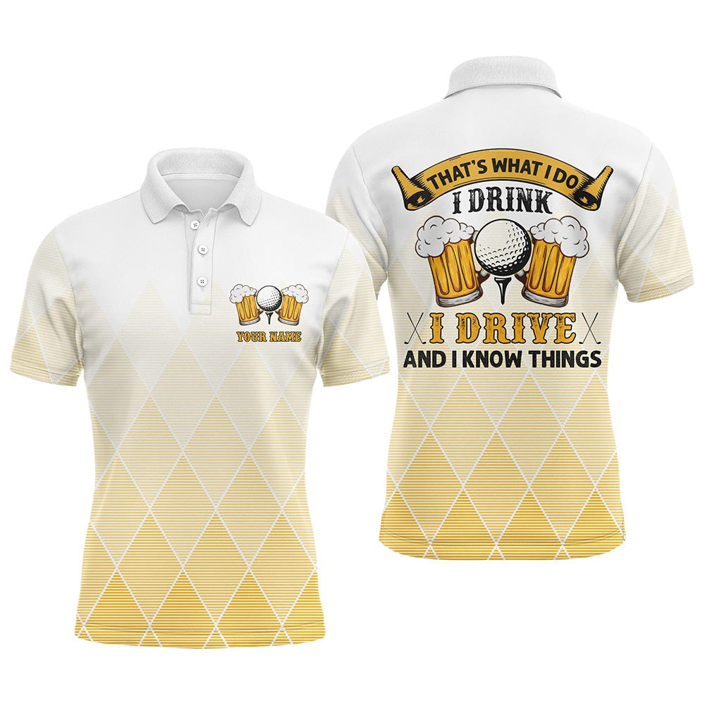 Golf Polo shirts, I Drink I Drive And I Know Things Yellow Argyle Mens Golf Polo Shirts Beer Golf Shirts For Men