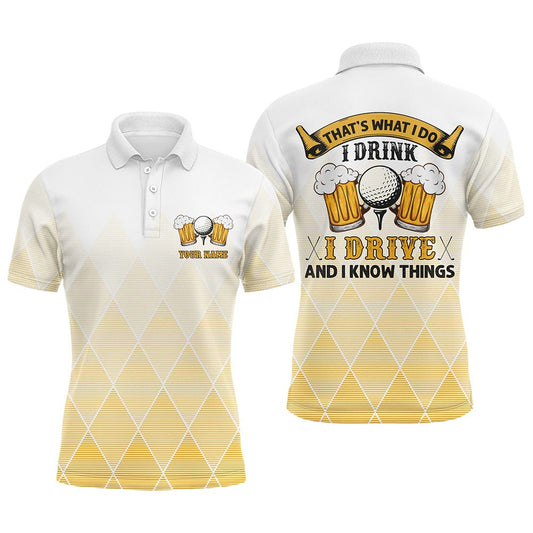 Golf Polo shirts, I Drink I Drive And I Know Things Yellow Argyle Mens Golf Polo Shirts Beer Golf Shirts For Men