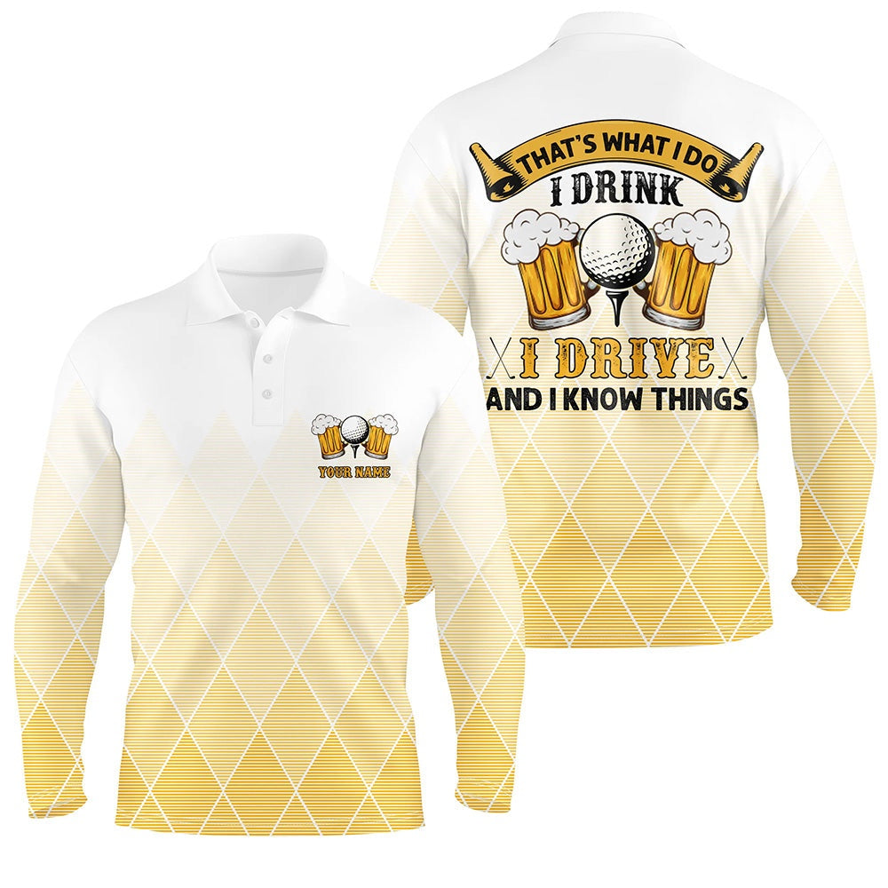 Golf Polo shirts, I Drink I Drive And I Know Things Yellow Argyle Mens Golf Polo Shirts Beer Golf Shirts For Men