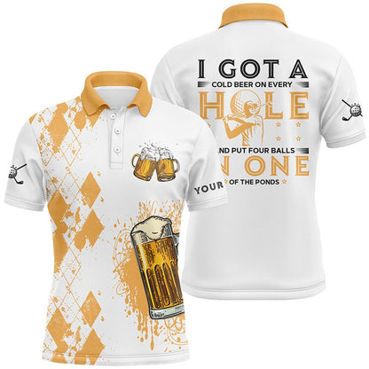 Golf Polo shirts, I Got A Cold Beer On Every Hole Yellow Argyle Mens Golf Polo Shirts Beer Golf Shirts For Men