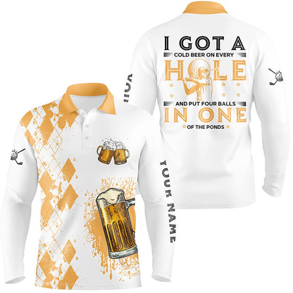 Golf Polo shirts, I Got A Cold Beer On Every Hole Yellow Argyle Mens Golf Polo Shirts Beer Golf Shirts For Men