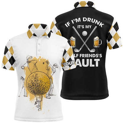 Golf Polo shirts, If Im Drunk Its My Friends Fault Argyle Pattern Mens Golf Polo Shirt Beer Golf Gifts For Men