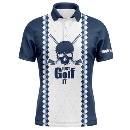 Golf Polo shirts, Just Golf It Mens Golf Polo Shirt Blue And White Golf Skull Custom Name Golf Gifts For Men