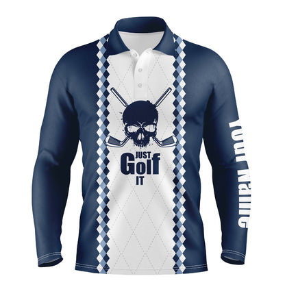 Golf Polo shirts, Just Golf It Mens Golf Polo Shirt Blue And White Golf Skull Custom Name Golf Gifts For Men