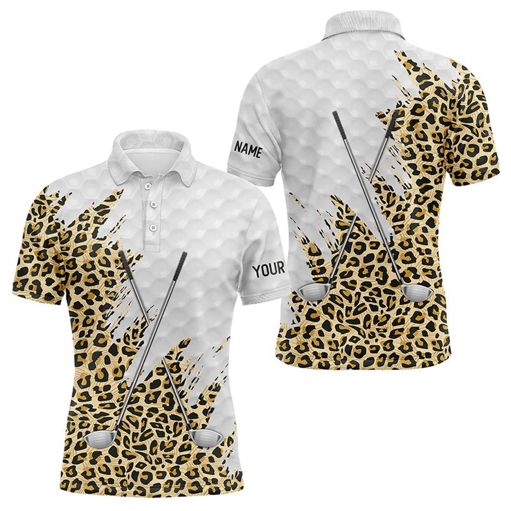Golf Polo shirts, Leopard Skin Pattern Custom Name White Mens Golf Polo Shirts, Team Golf Tops For Men
