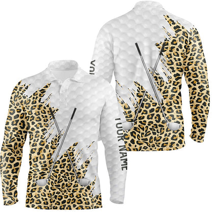 Golf Polo shirts, Leopard Skin Pattern Custom Name White Mens Golf Polo Shirts, Team Golf Tops For Men