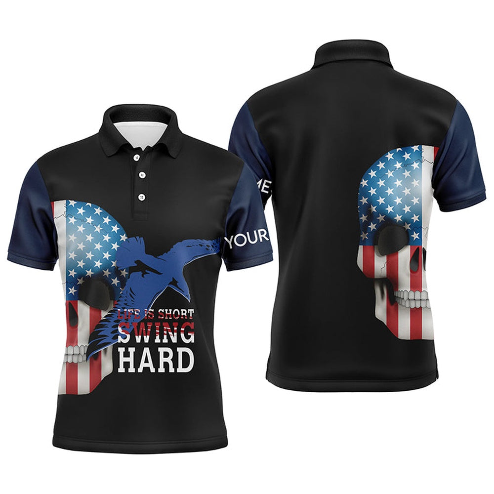 Golf Polo shirts, Life Is Short Swing Hard American Flag Skull Albatross Mens Polo Shirt Golf Shirt For Men Golf Gift