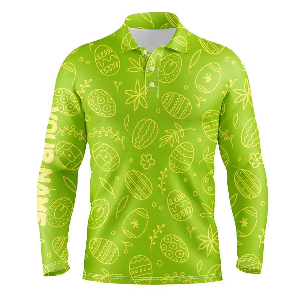 Golf Polo shirts, Lime Green Easter Eggs Pattern Golf Shirt Custom Name Mens Golf Polo Shirt