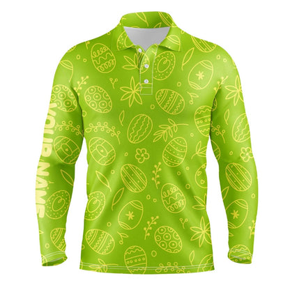 Golf Polo shirts, Lime Green Easter Eggs Pattern Golf Shirt Custom Name Mens Golf Polo Shirt