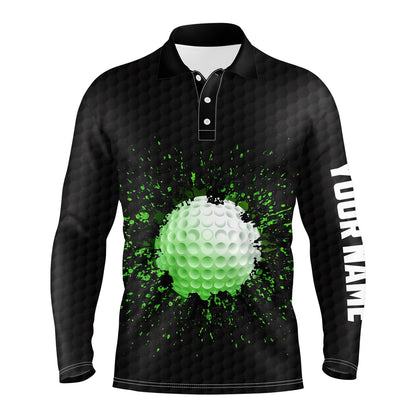 Golf Polo shirts, Long Sleeve Golf Polo Shirts For Mens Custom Name Black Splatter Golf Shirts - Gifts For The Golfer