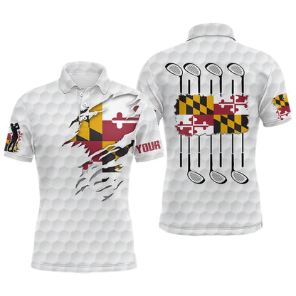 Golf Polo shirts, Maryland Flag Golf Pattern White Mens Polo Shirt Custom Golf Shirts For Men Patriotic Golf Gifts