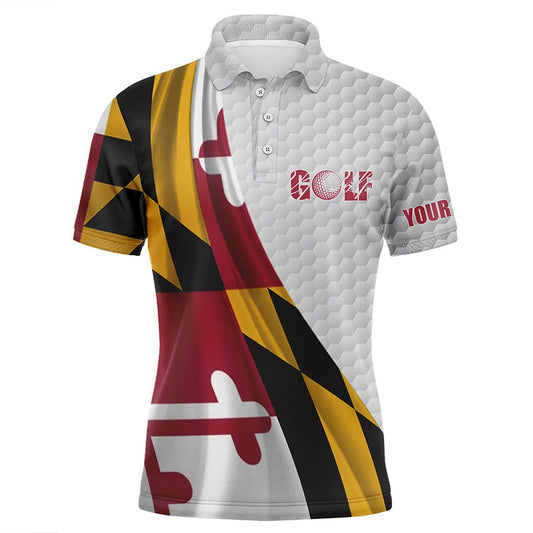 Golf Polo shirts, Maryland Flag White Golf Ball Skin Mens Golf Polo Shirts Custom Name Patriotic Golf Tops For Mens