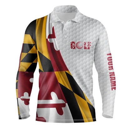 Golf Polo shirts, Maryland Flag White Golf Ball Skin Mens Golf Polo Shirts Custom Name Patriotic Golf Tops For Mens