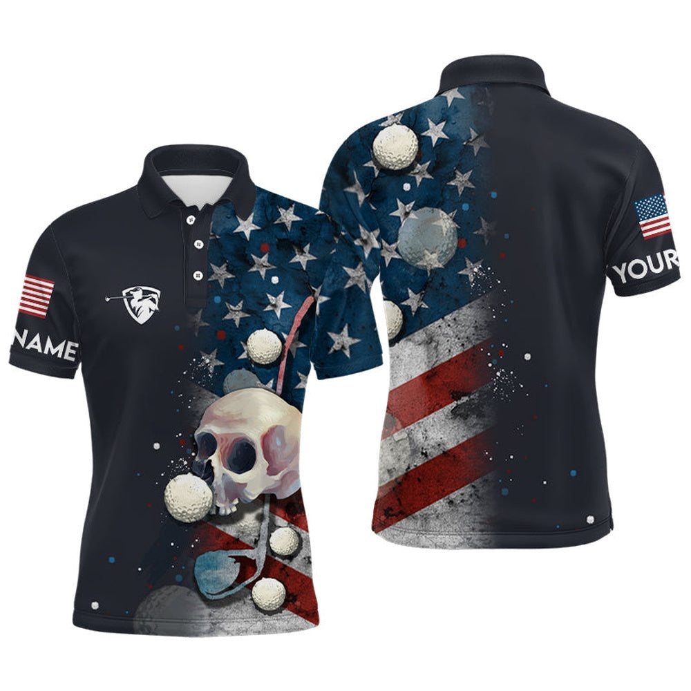 Golf Polo shirts, Men American Flag Golf Skull With Golf Ball Polo Shirt, Custom Name Golf Shirts For Men