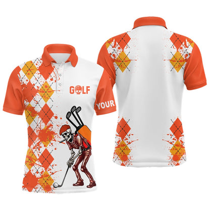 Golf Polo shirts, Men Golf Polo Shirts Argyle Pattern Custom Skull Golf Outfit Men, Golf Attire For Mens Orange