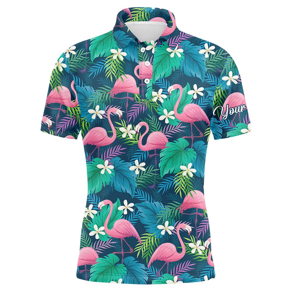Golf Polo shirts, Men Golf Polo Shirts Colorful Flamingo Green Tropical Leaf Pattern Custom Name Team Golf Polo Shirts