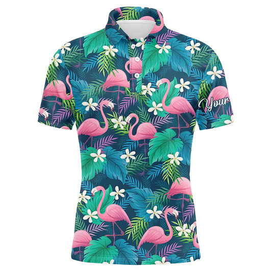 Golf Polo shirts, Men Golf Polo Shirts Colorful Flamingo Green Tropical Leaf Pattern Custom Name Team Golf Polo Shirts