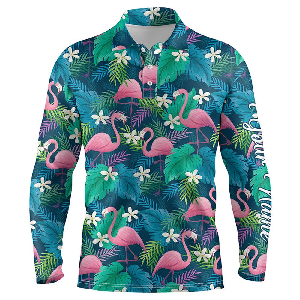 Golf Polo shirts, Men Golf Polo Shirts Colorful Flamingo Green Tropical Leaf Pattern Custom Name Team Golf Polo Shirts