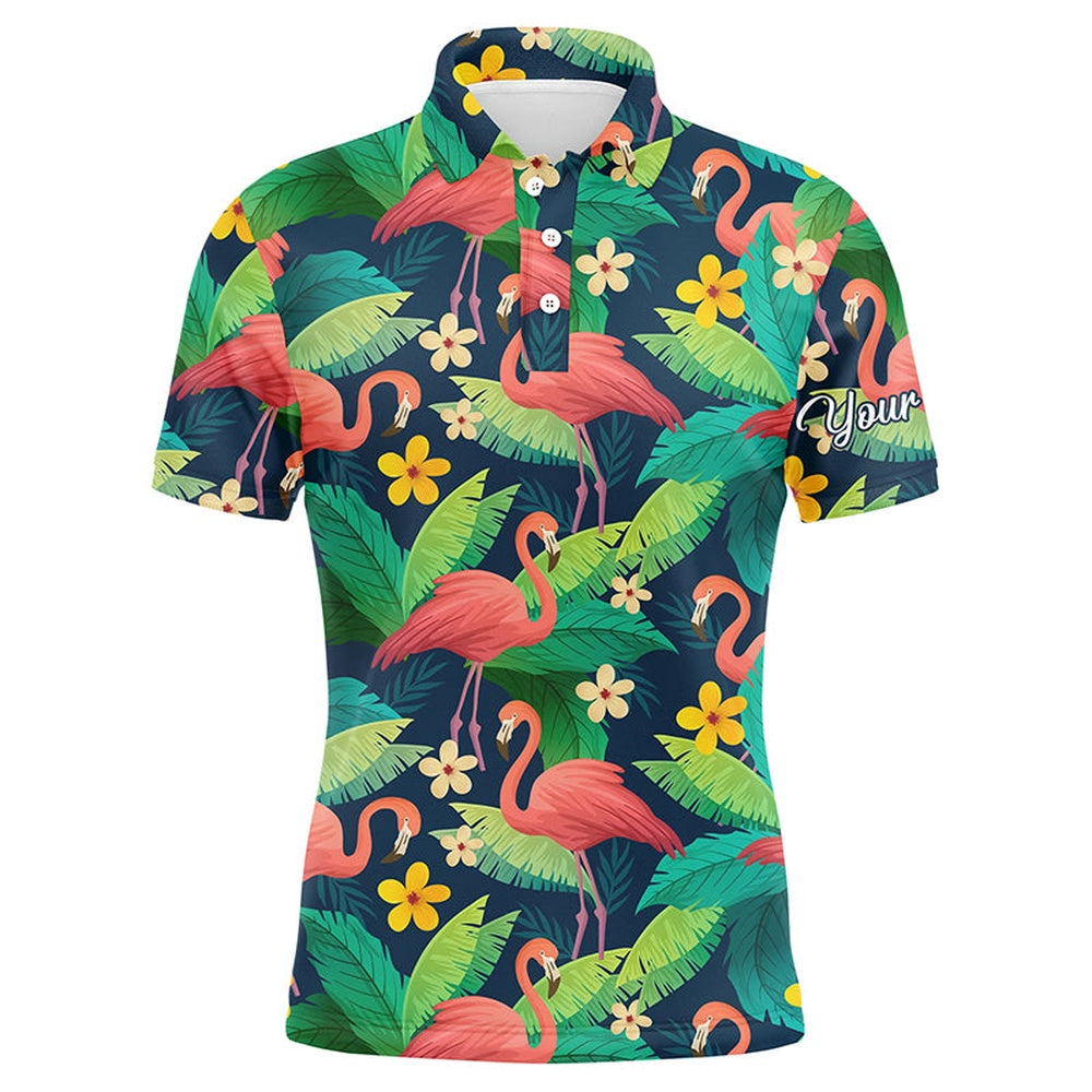 Golf Polo shirts, Men Golf Polo Shirts Colorful Flamingo Pattern Green Tropical Leaves Custom Name Team Golf Polo Shirts