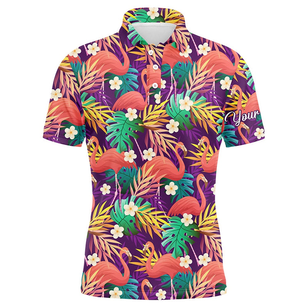 Golf Polo shirts, Men Golf Polo Shirts Colorful Flamingo Pattern Tropical Leaves Custom Name Team Golf Polo Shirts