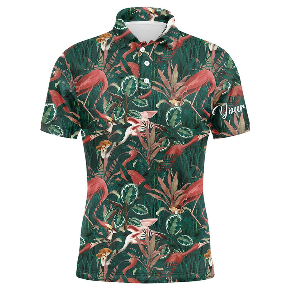 Golf Polo shirts, Men Golf Polo Shirts Flamingo Green Tropical Jungle Pattern Custom Name Team Golf Polo Shirts