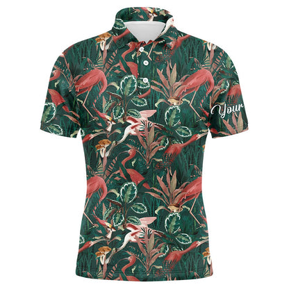 Golf Polo shirts, Men Golf Polo Shirts Flamingo Green Tropical Jungle Pattern Custom Name Team Golf Polo Shirts