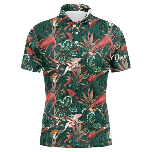 Golf Polo shirts, Men Golf Polo Shirts Flamingo Green Tropical Jungle Pattern Custom Name Team Golf Polo Shirts