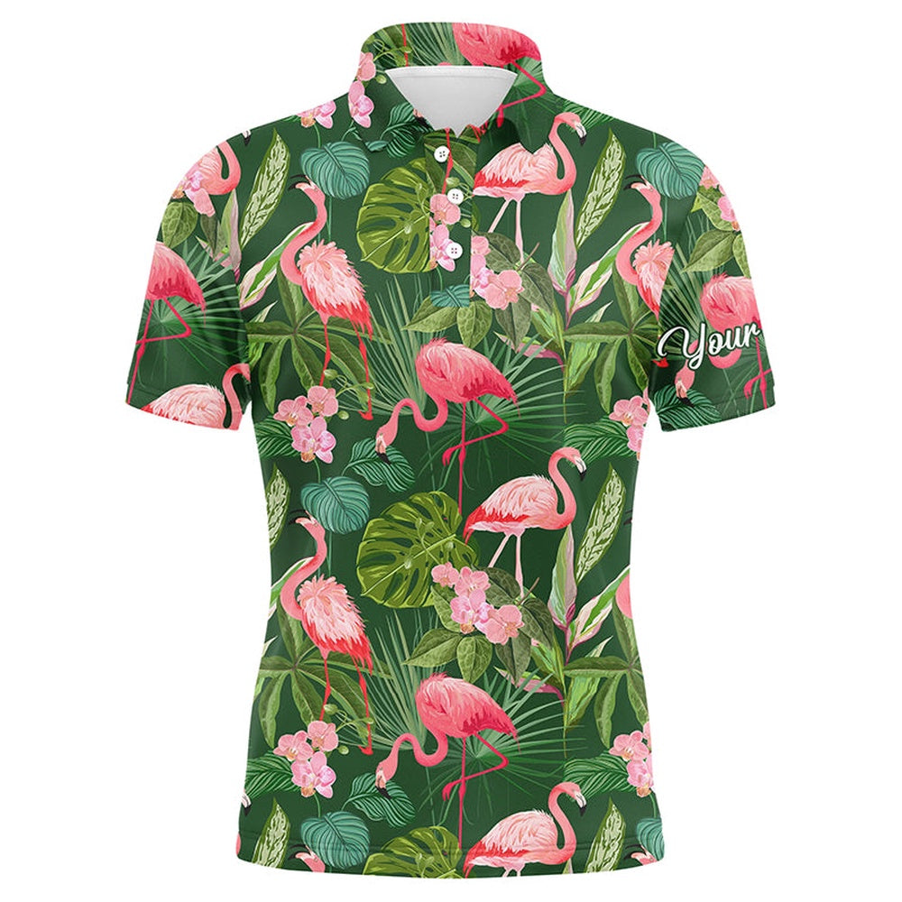 Golf Polo shirts, Men Golf Polo Shirts Flamingo Green Tropical Palm Leaves Pattern Custom Name Team Golf Polo Shirts