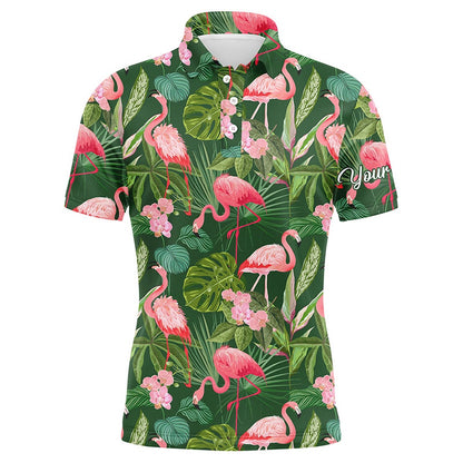 Golf Polo shirts, Men Golf Polo Shirts Flamingo Green Tropical Palm Leaves Pattern Custom Name Team Golf Polo Shirts