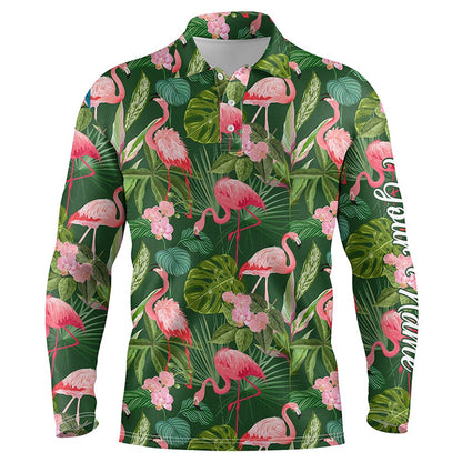 Golf Polo shirts, Men Golf Polo Shirts Flamingo Green Tropical Palm Leaves Pattern Custom Name Team Golf Polo Shirts