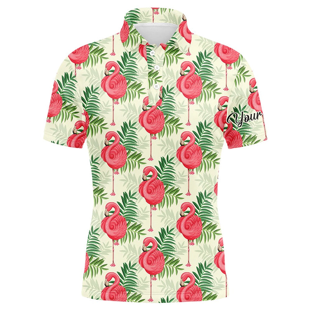 Golf Polo shirts, Men Golf Polo Shirts Pink Flamingo Green Tropical Leaf Pattern Custom Name Team Golf Polo Shirts