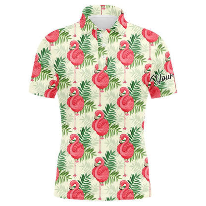 Golf Polo shirts, Men Golf Polo Shirts Pink Flamingo Green Tropical Leaf Pattern Custom Name Team Golf Polo Shirts