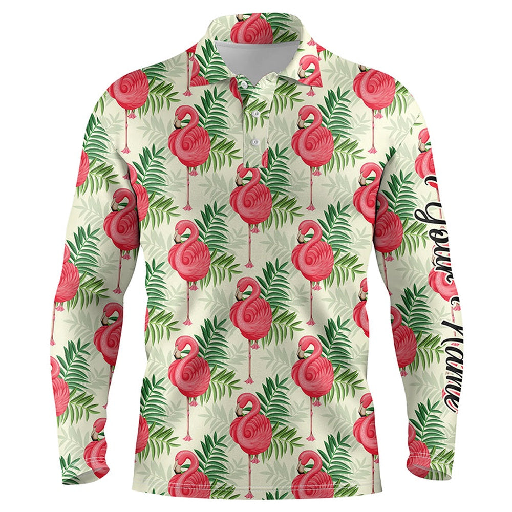 Golf Polo shirts, Men Golf Polo Shirts Pink Flamingo Green Tropical Leaf Pattern Custom Name Team Golf Polo Shirts