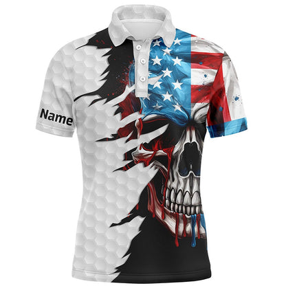 Golf Polo shirts, Men Golf Polo Upf Shirts Custom Name American Flag Patriotic Golf Skull White Golf Outfit Men