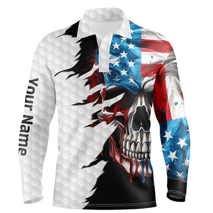 Golf Polo shirts, Men Golf Polo Upf Shirts Custom Name American Flag Patriotic Golf Skull White Golf Outfit Men