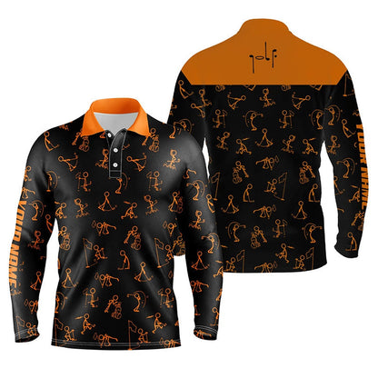 Golf Polo shirts, Men Golf Polo Upf Shirts Custom Name Funny Golf Pattern, Black Orange Polo Shirt Golf Outfit Men
