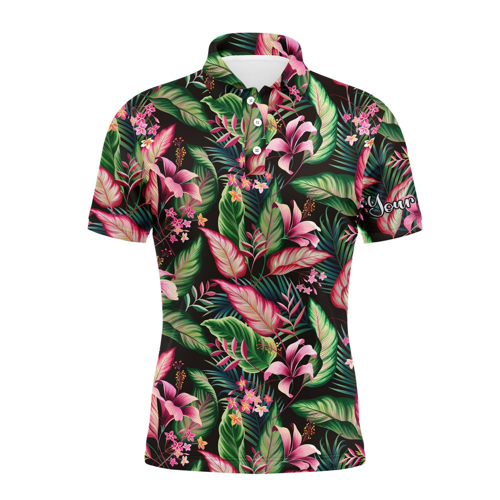 Golf Polo shirts, Men Golf Polo Upf Shirts Floral Pattern With Tropical Leaves Custom Team Golf Polo Shirts