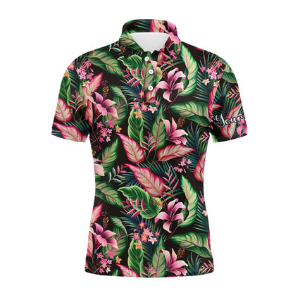 Golf Polo shirts, Men Golf Polo Upf Shirts Floral Pattern With Tropical Leaves Custom Team Golf Polo Shirts