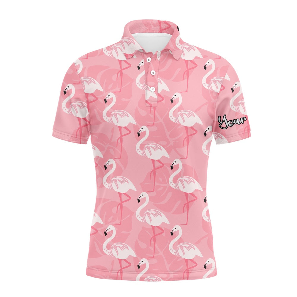 Golf Polo shirts, Men Golf Polo Upf Shirts Pink Flamingo Pattern Custom Name Polo Shirts Gift For Men