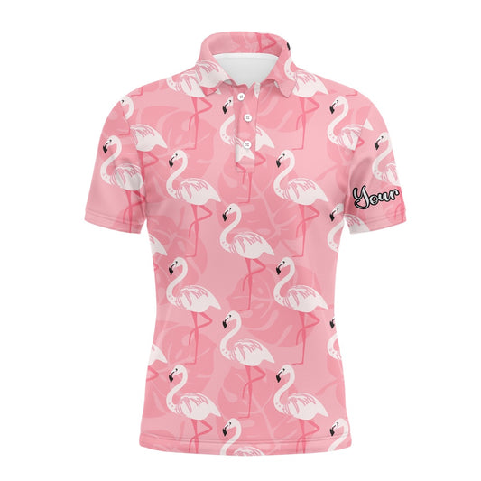 Golf Polo shirts, Men Golf Polo Upf Shirts Pink Flamingo Pattern Custom Name Polo Shirts Gift For Men