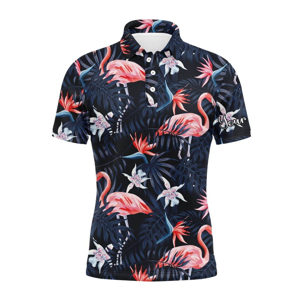 Golf Polo shirts, Men Golf Polo Upf Shirts Tropical Birds Pink Flamingo Dark Blue Palm Leaves Custom Polo Shirts