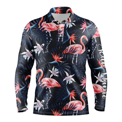 Golf Polo shirts, Men Golf Polo Upf Shirts Tropical Birds Pink Flamingo Dark Blue Palm Leaves Custom Polo Shirts