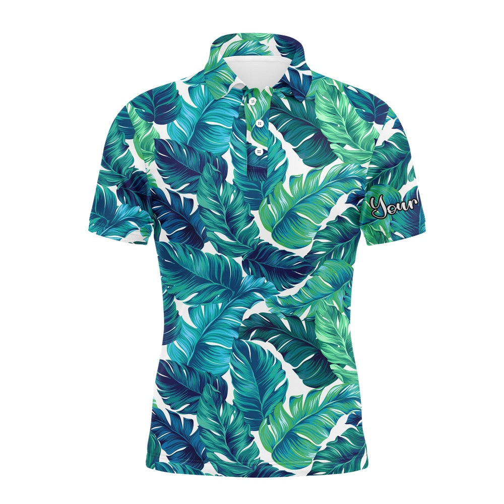 Golf Polo shirts, Men Golf Polo Upf Shirts Turquoise And Green Tropical Leaves Custom Team Golf Polo Shirts