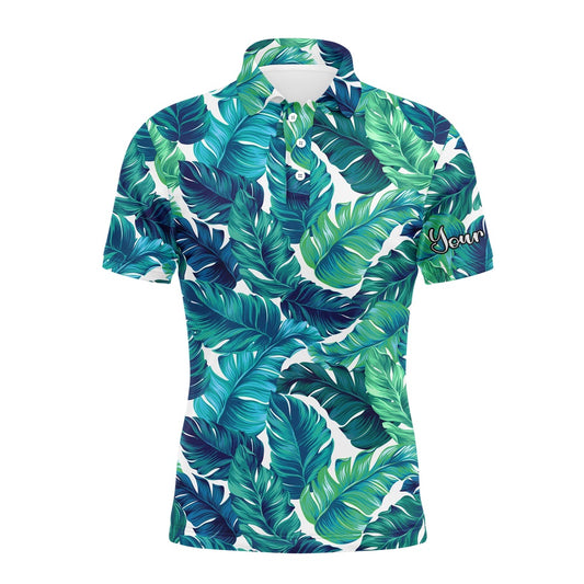 Golf Polo shirts, Men Golf Polo Upf Shirts Turquoise And Green Tropical Leaves Custom Team Golf Polo Shirts