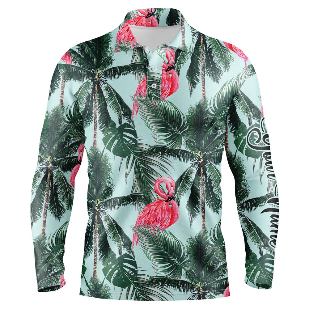 Golf Polo shirts, Men Golf Polo Upf Shirts With Pink Flamingos Tropical Palm Leaves Custom Team Golf Polo Shirts