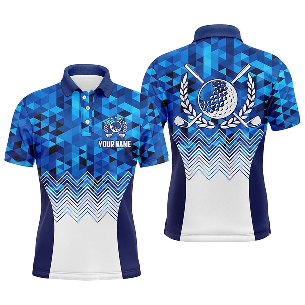 Golf Polo shirts, Mens Blue Geometric Golf Polo Shirts Custom Triangle Pattern Golf Shirts For Men, Cool Golf Gifts